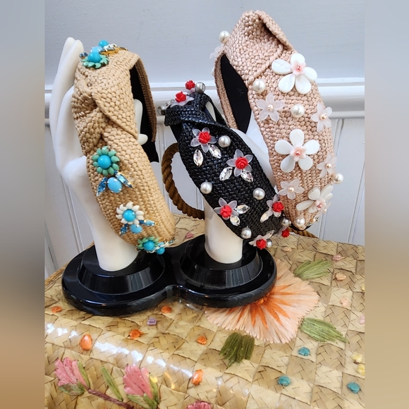 Handbeaded Black Straw Rattan Headband One of a Kind - Picture 5 of 6